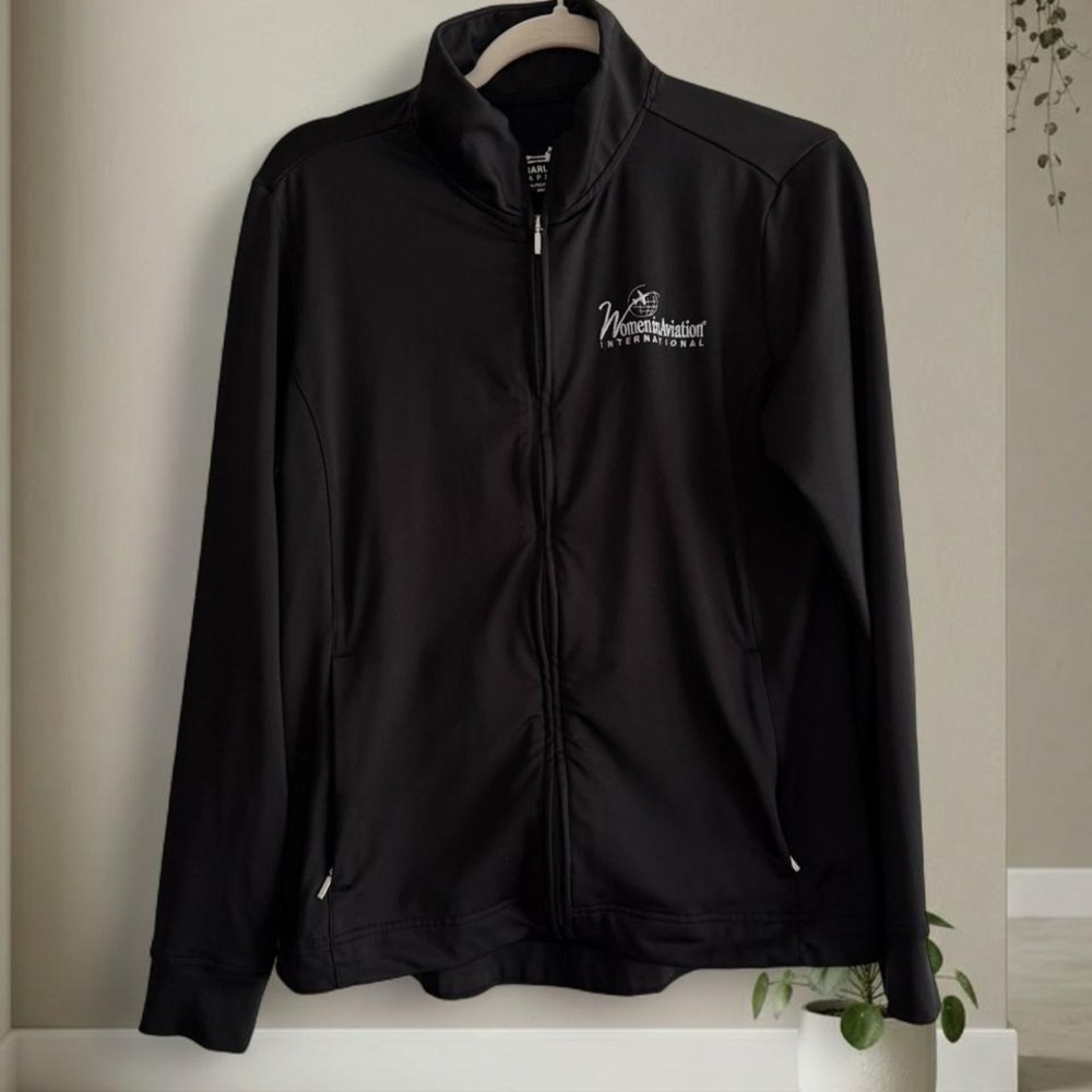 Women in aviation black zip up jacket with white embroidery
